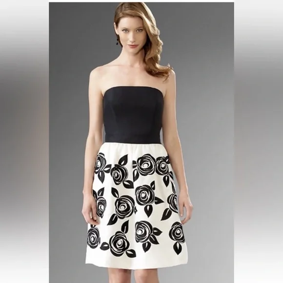 WHBM Black and White Floral 100% Silk Strapless Rosette Dress - Picture 2 of 7